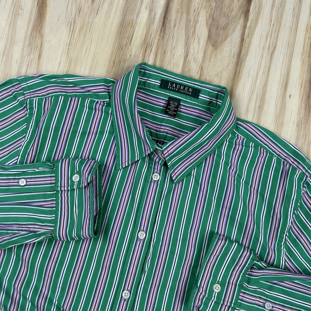 Vintage Lauren Ralph Lauren Women's XL Green Pink Stripe Long Sleeve Button Shir